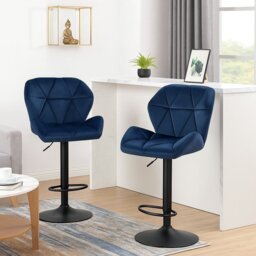 Rackhams Set of 2 Velvet Blue Bar Stools – Adjustable Swivel Dining Chairs with Footrest & Black Steel