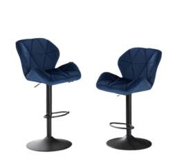 Rackhams Set of 2 Velvet Blue Bar Stools – Adjustable Swivel Dining Chairs with Footrest & Black Steel - thumbnail 2