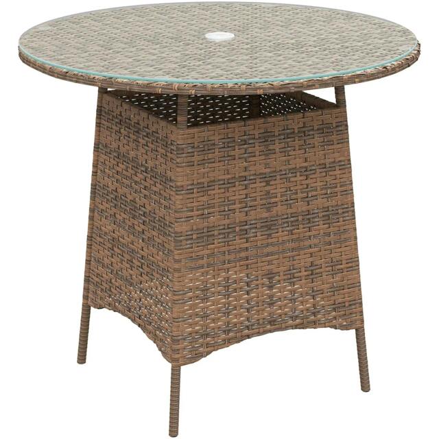 Rackhams Wicker Garden Rattan Table, Patio Furniture Outdoor Coffee Table with Umbrella Hole and Tempered Glass Top, Brown