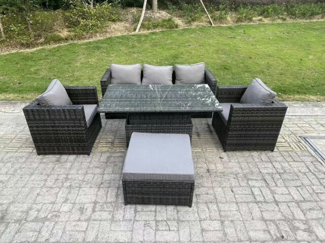 Rackhams Rattan Garden Furniture Sofa Set Outdoor Adjustable Rising Lifting Dining Table Set with 2 Armchairs Big Footstool Dark Grey Mixed - image 1