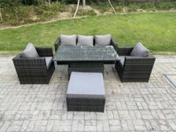 Rackhams Rattan Garden Furniture Sofa Set Outdoor Adjustable Rising Lifting Dining Table Set with 2 Armchairs Big Footstool Dark Grey Mixed - thumbnail 1