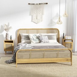 Rackhams Bedside Table Nightstand with Storage Shelf and Door Cupboard, Natural - Natural wood finish - thumbnail 1