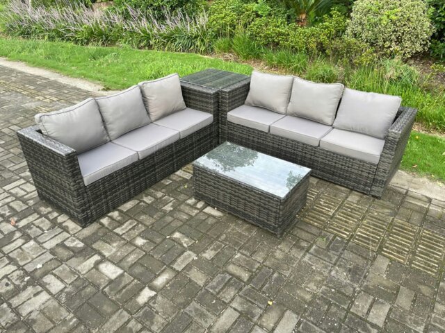 Rackhams 6 Seater Rattan Garden Furniture Set Outdoor Patio Sofa Set with Oblong Coffee Table Side Table Dark Grey Mixed - image 1