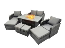 Rackhams 8 seater Patio Gas Firpit Dining Table Sofa Sets Rattan Garden Furniture Dining Set with 4 Stools Dark Grey Mixed - thumbnail 2