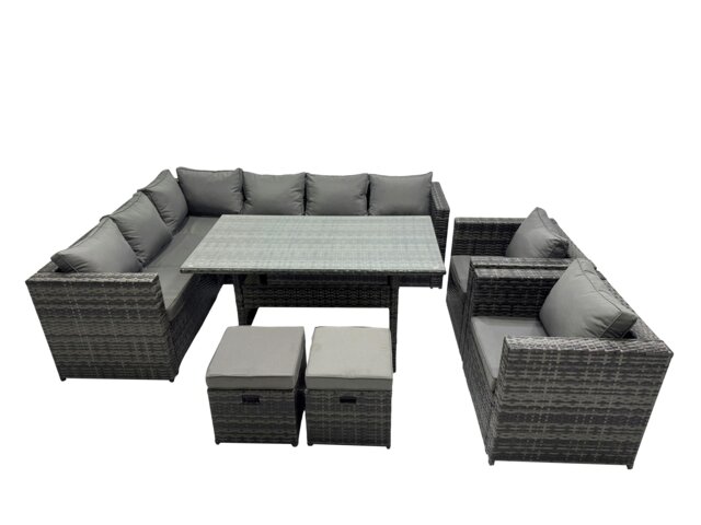 Rackhams Outdoor PE Rattan Sofa Set with Dining Table Patio Garden Furniture Sets with 2 Chairs 2 Small Stools Dark Grey Mixed - image 1