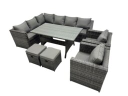 Rackhams Outdoor PE Rattan Sofa Set with Dining Table Patio Garden Furniture Sets with 2 Chairs 2 Small Stools Dark Grey Mixed - thumbnail 2