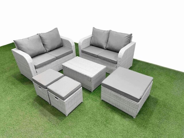 Rackhams 7 Seater Outdoor Love Sofa Set Rattan Garden Furniture Set with Rectangular Coffee Table 3 Footstool Light Grey - image 1