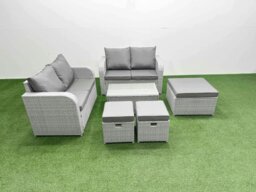 Rackhams 7 Seater Outdoor Love Sofa Set Rattan Garden Furniture Set with Rectangular Coffee Table 3 Footstool Light Grey - thumbnail 2