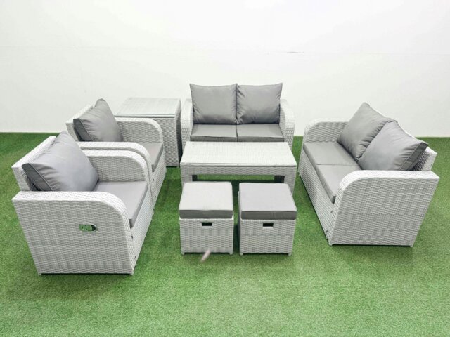 Rackhams 8 Seater Outdoor Reclining Chair Love Sofa Set Rattan Garden Furniture Set with Oblong Coffee Table 2 Stools Side Table Light Grey - image 1