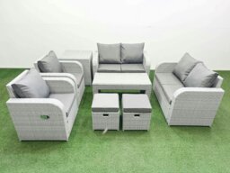 Rackhams 8 Seater Outdoor Reclining Chair Love Sofa Set Rattan Garden Furniture Set with Oblong Coffee Table 2 Stools Side Table Light Grey - thumbnail 1