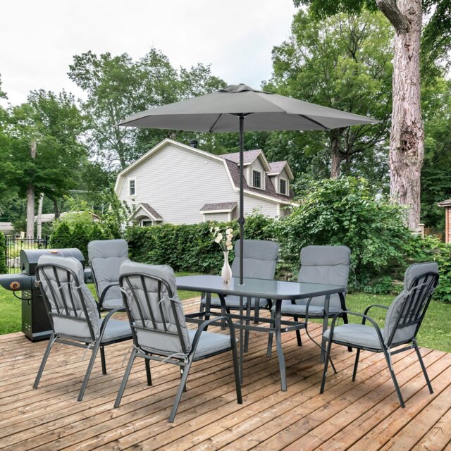 Rackhams 7 PCs Garden Dining Set w/ Umbrella Hole & Cushion, Beige - Grey - Steel, Texteline, Polyester - 152.5 x 96.5 x 71 cm