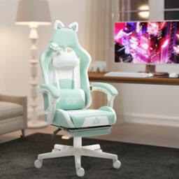 Rackhams Gaming Chair with Footrest, Reclining Computer Chair, Black - Light Blue, White - Gaming Chair - Faux Leather, Sponge