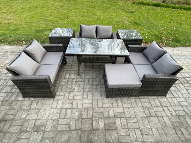 Rackhams Wicker PE Rattan Garden Furniture Set - Dark Grey Mixed Outdoor Lounge Sofa with Oblong Dining Table & Big Footstool - image 1