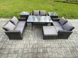 Rackhams Wicker PE Rattan Garden Furniture Set - Dark Grey Mixed Outdoor Lounge Sofa with Oblong Dining Table & Big Footstool - thumbnail 1