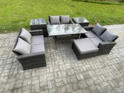 Rackhams Wicker PE Rattan Garden Furniture Set - Dark Grey Mixed Outdoor Lounge Sofa with Oblong Dining Table & Big Footstool - thumbnail 2