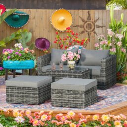 Rackhams 5 Pcs Rattan Garden Furniture Set Stool Coffee Table - Grey - Aluninum, PE rattan - 73cm x 73cm x 65cm - thumbnail 1