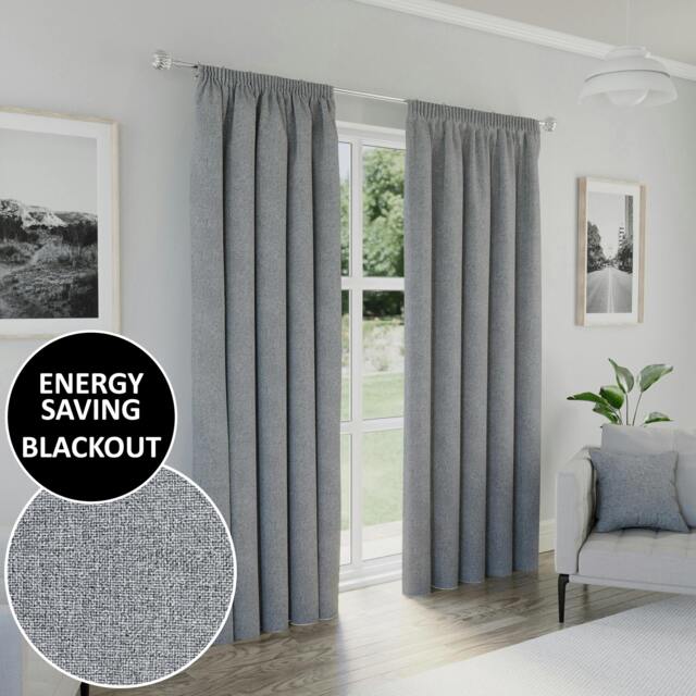 "Rackhams Grey Textured Basketweave 100% Blackout Pencil Pleat Thermal Energy Saving Curtains - Ideal for Living Rooms & Bedrooms - 66"" (168cm) Width x 54"" (137cm) Drop" - image 1