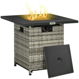 Rackhams Gas Fire Pit Table w/ Rain Cover, Mesh Lid & Lava Stone, 40,000 BTU - Grey - Galvanised Steel, PE Rattan - 71cmx71cmx63cm - thumbnail 2