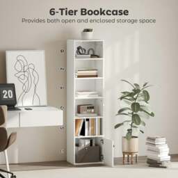 Rackhams Tall Bookcase, 6-Tier Bookshelf with 3 Adjustable Shelves, White - thumbnail 5