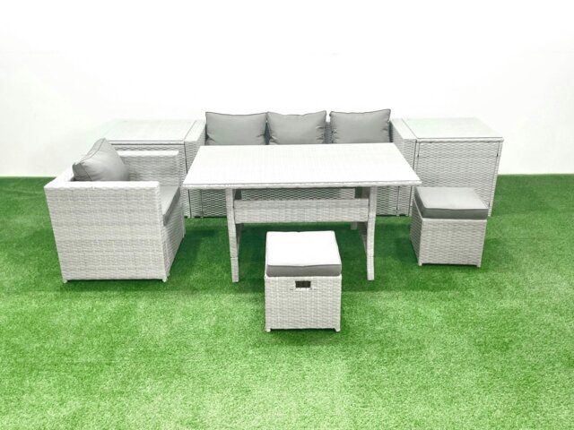 Rackhams Rattan Garden Furniture Dining Set 6 Seater Lounge Sofa Chair Dining Table Set with 2 Small Footstools 2 Side Tables Light Grey Mixed - image 1