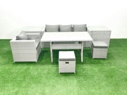 Rackhams Rattan Garden Furniture Dining Set 6 Seater Lounge Sofa Chair Dining Table Set with 2 Small Footstools 2 Side Tables Light Grey Mixed - thumbnail 1