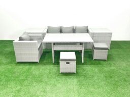 Rackhams Rattan Garden Furniture Dining Set 6 Seater Lounge Sofa Chair Dining Table Set with 2 Small Footstools 2 Side Tables Light Grey Mixed - thumbnail 2