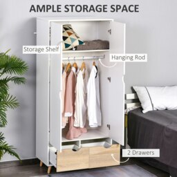 Rackhams 2-Door Clothes Wardrobe w/ Rail Shelf 2 Storage Drawers Wood Feet White - thumbnail 4