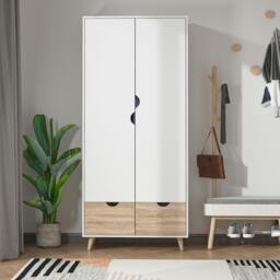 Rackhams 2-Door Clothes Wardrobe w/ Rail Shelf 2 Storage Drawers Wood Feet White