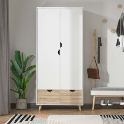 Rackhams 2-Door Clothes Wardrobe w/ Rail Shelf 2 Storage Drawers Wood Feet White