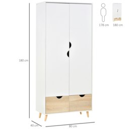 Rackhams 2-Door Clothes Wardrobe w/ Rail Shelf 2 Storage Drawers Wood Feet White - thumbnail 3