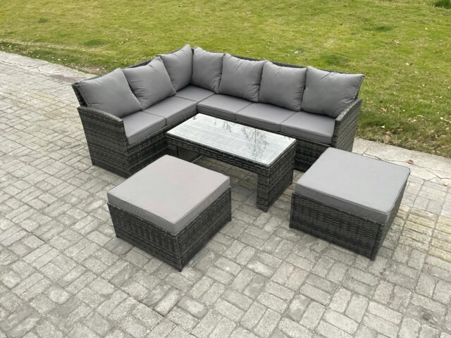 Rackhams Rattan Garden Furniture Sets High Back Corner Sofa Oblong Coffee Table Set with 2 Big Footstool Dark Grey Mixed - image 1