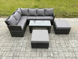 Rackhams Rattan Garden Furniture Sets High Back Corner Sofa Oblong Coffee Table Set with 2 Big Footstool Dark Grey Mixed - thumbnail 2