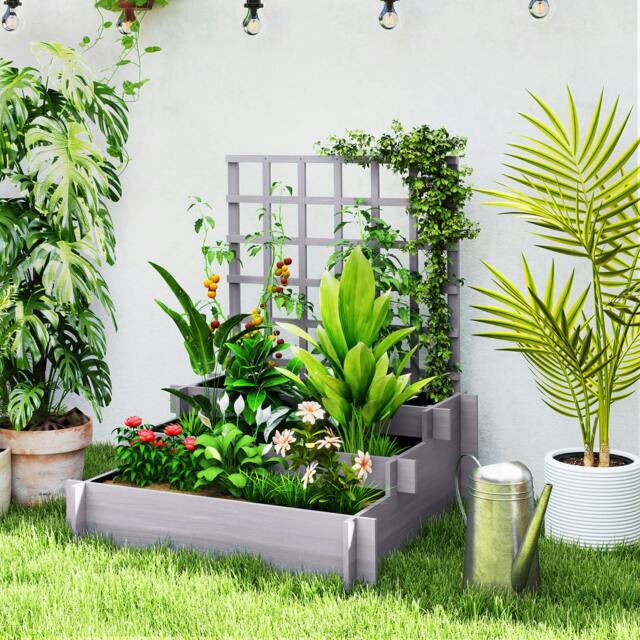 Rackhams 3 Tier Wooden Garden Planters with Trellis for Vine Climbing Plants - image 1