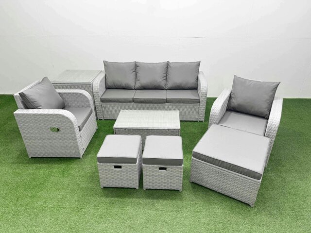 Rackhams PE Rattan Garden Furniture Set Reclining Chair Sofa Lounge Sofa Set Oblong Coffee Table Side Table 3 Stools Light Grey - image 1