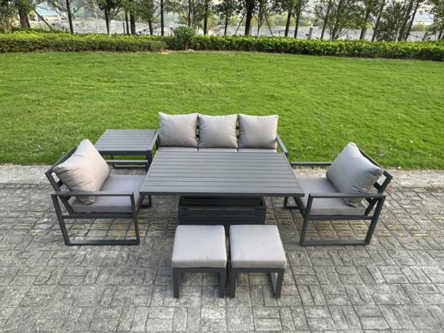 Rackhams 7-Piece Aluminium Garden Furniture 7 Seater Outdoor Sofa Set with Adjustable Rising Lifting Dining Table 2 Chairs 2 Small Footstools Side Table - image 1