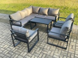 Rackhams 8 Seater Aluminium Outdoor Garden Furniture Set Patio Lounge Sofa with Oblong Coffee Table Chair Dark Grey - thumbnail 1