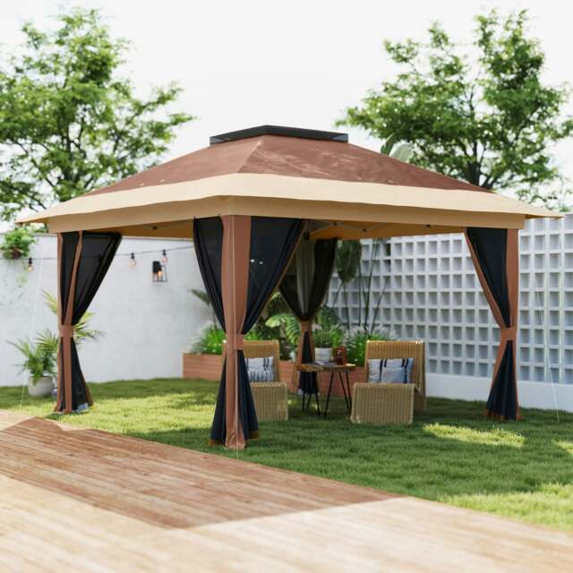 Rackhams 3.6 x 3.6m Pop Up Gazebo with Netting and Wheeled Bag, Beige - Brown - Metal, Oxford Fabric - 356L x 356W x 280Hcm - image 1