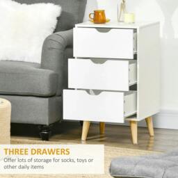 Rackhams Bedside Table, Bedside Cabinet with 3 Drawers, Side End Table with Pine Wood Legs for Bedroom Living Room, White - thumbnail 5