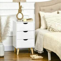 Rackhams Bedside Table, Bedside Cabinet with 3 Drawers, Side End Table with Pine Wood Legs for Bedroom Living Room, White - thumbnail 2