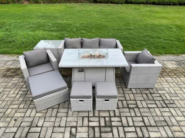 Rackhams Outdoor Garden Dining Sets Rattan Furniture Gas Fire Pit Dining Table With 2 Armchairs Side Table 3 Footstools Light Grey - image 1