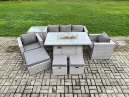 Rackhams Outdoor Garden Dining Sets Rattan Furniture Gas Fire Pit Dining Table With 2 Armchairs Side Table 3 Footstools Light Grey - thumbnail 2