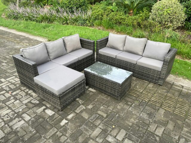 Rackhams 7 Seater Rattan Garden Furniture Set Outdoor Patio Sofa Set with Oblong Coffee Table Big Footstool Dark Grey Mixed - image 1
