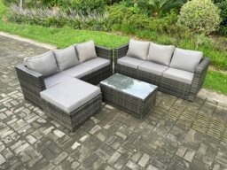 Rackhams 7 Seater Rattan Garden Furniture Set Outdoor Patio Sofa Set with Oblong Coffee Table Big Footstool Dark Grey Mixed