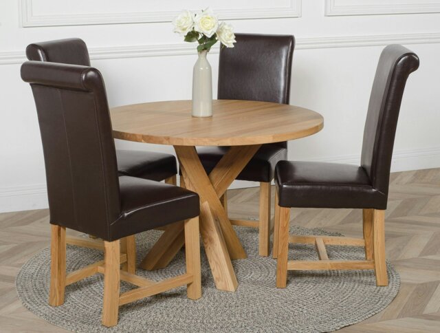 Rackhams Oregon Round Oak Dining Table with Washington Leather Chairs - 1 - 4 chairs - Brown - image 1