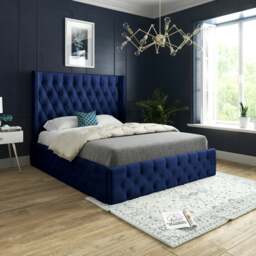 Rackhams Turin Straight Winged Upholstered Soft Velvet Bed Frame - Blue - Blue - Small single - thumbnail 1