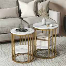 Rackhams Marble-Effect Round Coffee Table Set of 2 for Living Room, Gold Tone - thumbnail 3