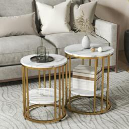 Rackhams Marble-Effect Round Coffee Table Set of 2 for Living Room, Gold Tone