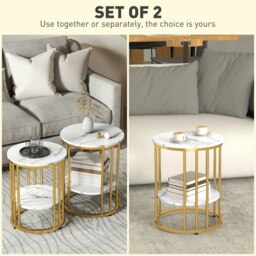 Rackhams Marble-Effect Round Coffee Table Set of 2 for Living Room, Gold Tone - thumbnail 4