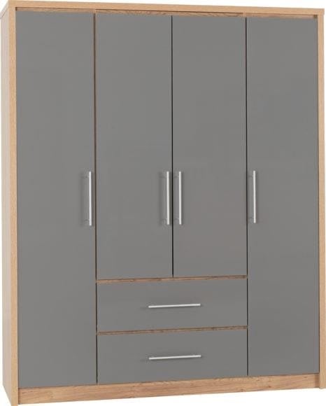 Rackhams Seville 4 Door 2 Drawer Wardrobe - Grey High Gloss and Light Oak - image 1
