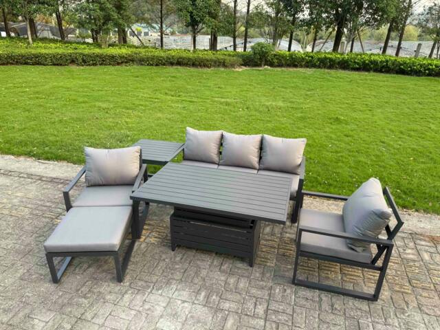 Rackhams 6 Seater Aluminium Garden Furniture Set with Adjustable Rising Dining Table, 2 Chairs, Footstool, Side Table - Dark Grey - image 1